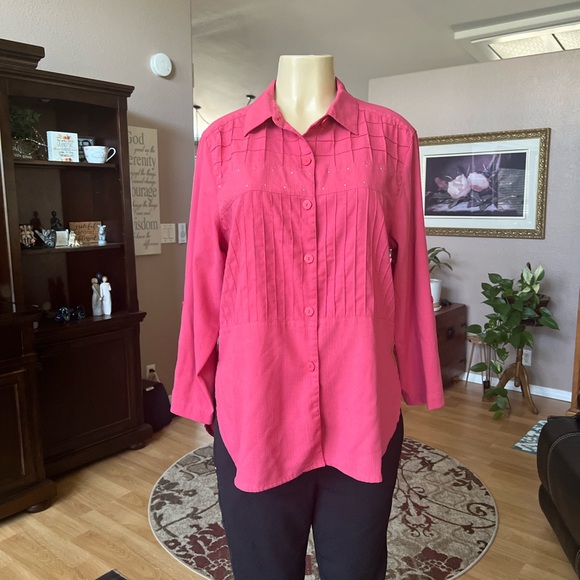 Blast Petites 3/4 sleeve rust button up the front blouse-size M - Picture 4 of 10